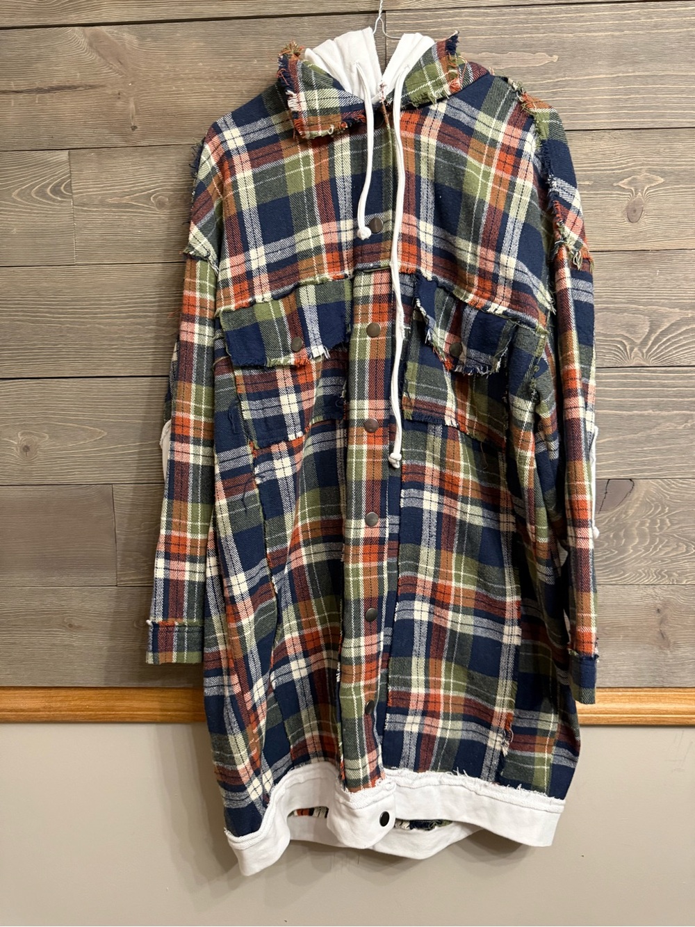 POL Plaid Button-Down Hooded Shirt Jacket - Navy, Olive & Rust